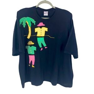 Decosport Women's Vintage Black Glitter Tropical Print Shirt Single Stitch 3X